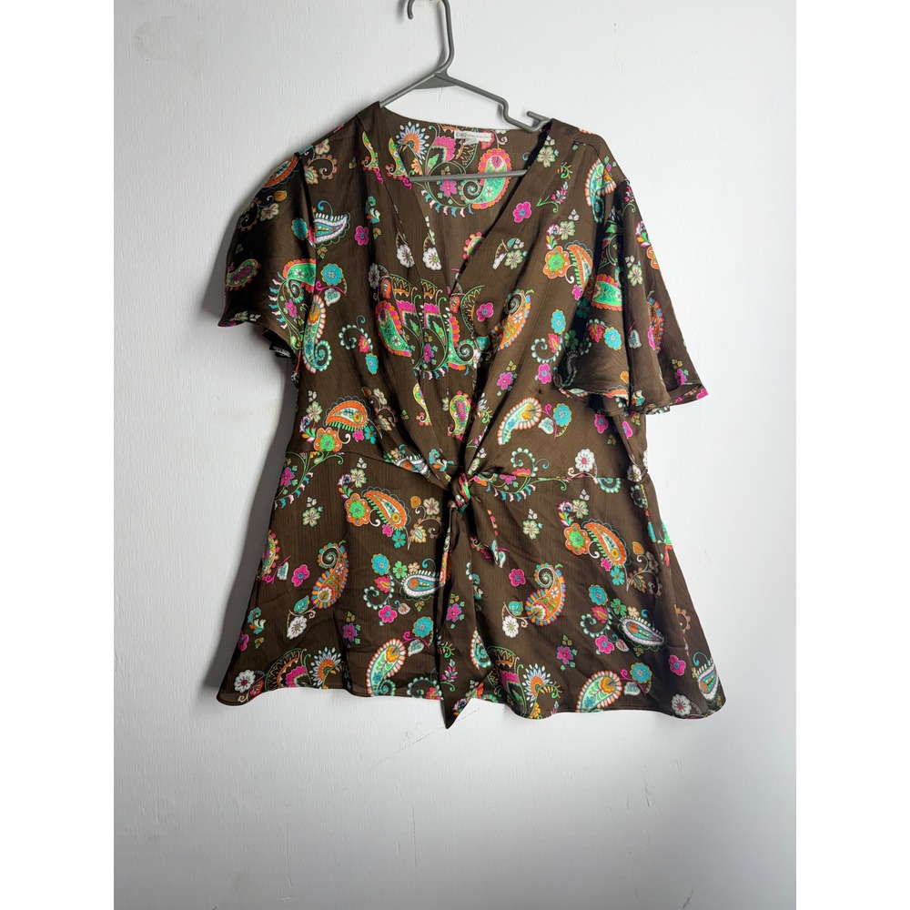 Cato Womens Plus Size 18/20W Brown Paisley Floral V-Neck Front Tie Blouse Top